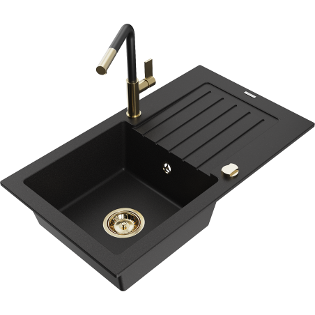 Mexen Pablo 1-bowl granite sink with drainer and Flora kitchen faucet, black - 6510-77-670401-57-G
