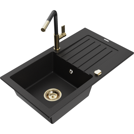 Mexen Pablo granite sink, 1-bowl with drainer and Flora kitchen tap, black - 6510-77-670401-57-G