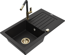 Mexen Pablo 1-bowl granite sink with drainer and Flora kitchen faucet, black - 6510-77-670401-57-G