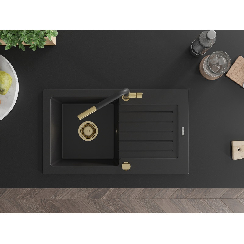 Mexen Pablo 1-bowl granite sink with drainer and Flora kitchen faucet, black - 6510-77-670401-57-G