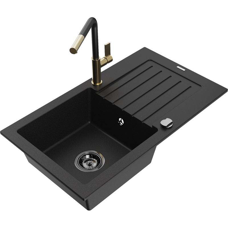 Mexen Pablo 1-compartment granite sink with a drip tray and kitchen mixer tap Flora, Black - 6510-77-670401-57-B