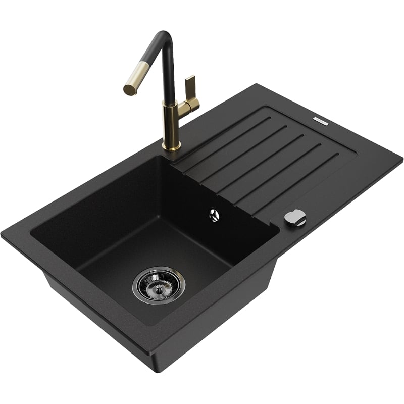 Mexen Pablo granite 1-bowl kitchen sink with drainer and kitchen faucet Flora, black - 6510-77-670401-57-B