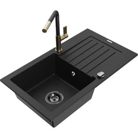 Mexen Pablo granite sink 1-bowl with drainer and Flora kitchen tap, black - 6510-77-670401-57-B