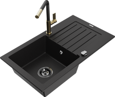 Mexen Pablo granite sink 1-bowl with drainer and Flora kitchen tap, black - 6510-77-670401-57-B
