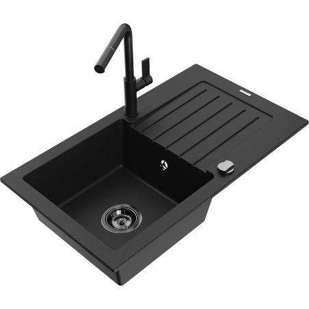 Mexen Pablo 1-Bowl Granite Sink with Drainer and Flora Kitchen Faucet, Black - 6510-77-670401-70-B