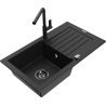 Mexen Pablo granite sink with one bowl, drainer, and Flora kitchen tap, black - 6510-77-670401-70-B