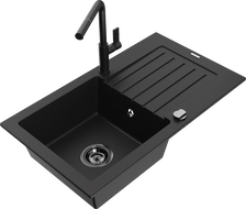 Mexen Pablo granite kitchen sink with one bowl, drainer, and Flora kitchen tap, black - 6510-77-670401-70-B