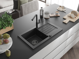 Mexen Pablo granite kitchen sink with one bowl, drainer, and Flora kitchen tap, black - 6510-77-670401-70-B