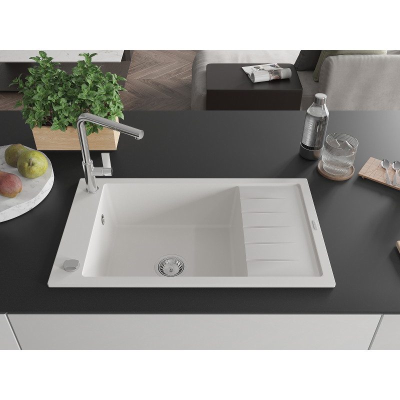Mexen Elias 1-bowl granite sink with drainer and Flora kitchen faucet, white - 6511-20-670401-00