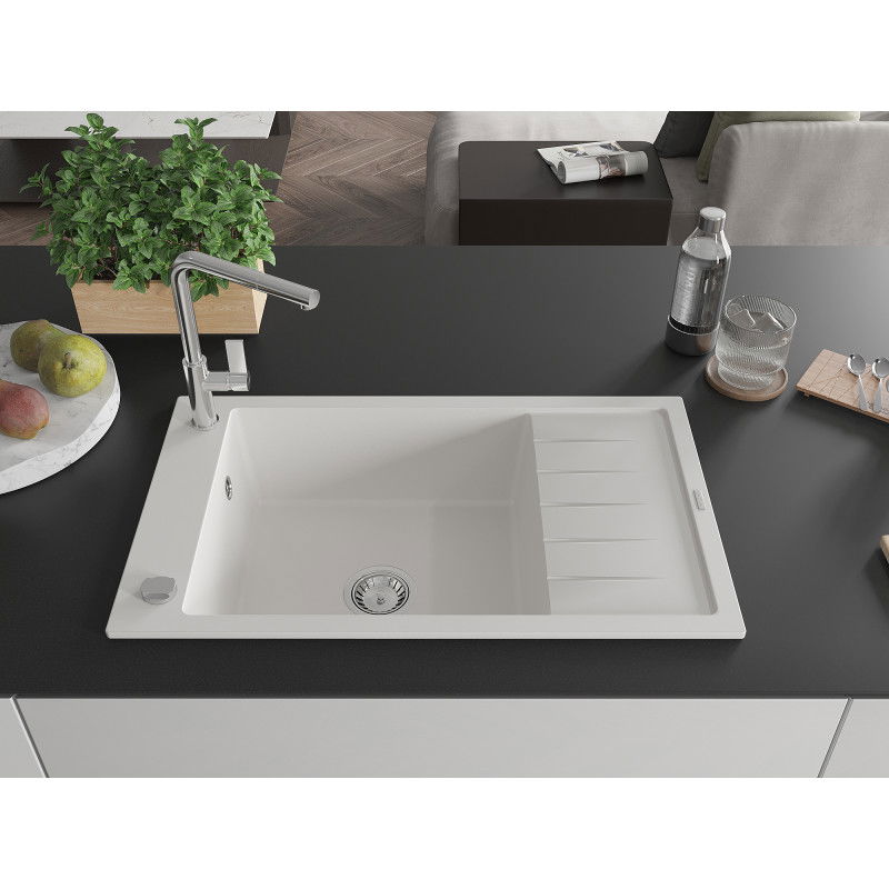 Mexen Elias granite sink 1-bowl with drainer and Flora kitchen tap, white - 6511-20-670401-00