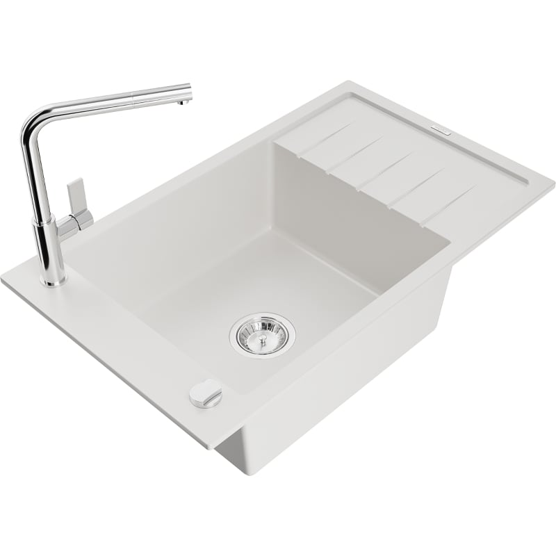 Mexen Elias 1-bowl granite sink with drainer and Flora kitchen faucet, white - 6511-20-670401-00