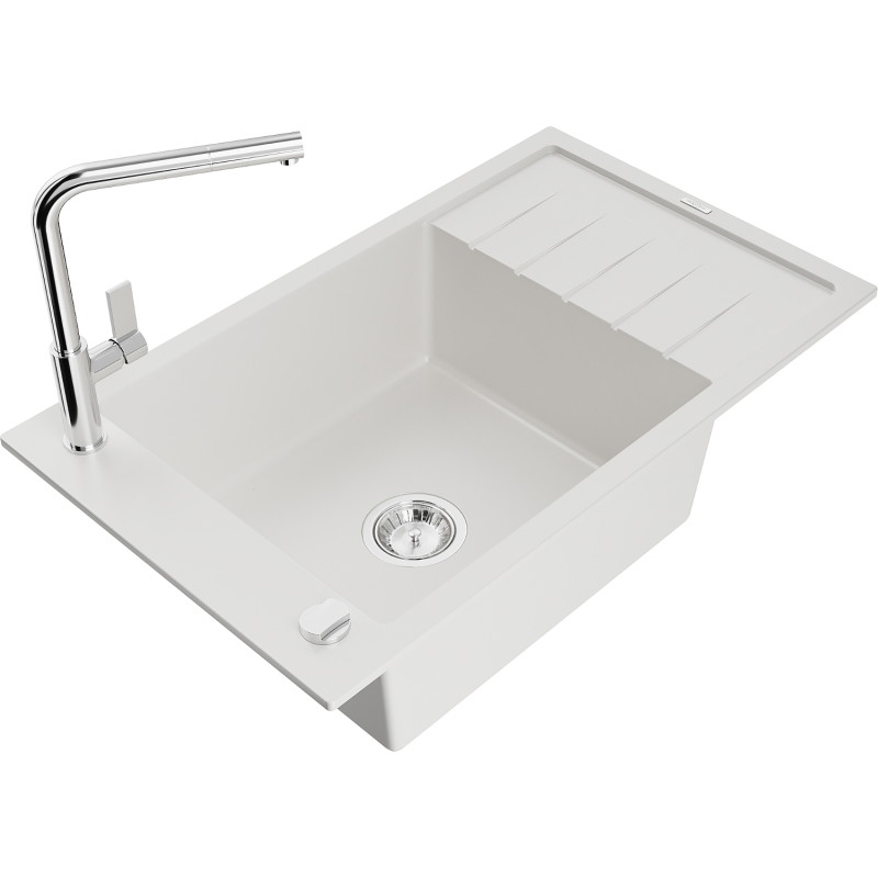 Mexen Elias granite kitchen sink 1-bowl with drainer and Flora kitchen faucet, white - 6511-20-670401-00