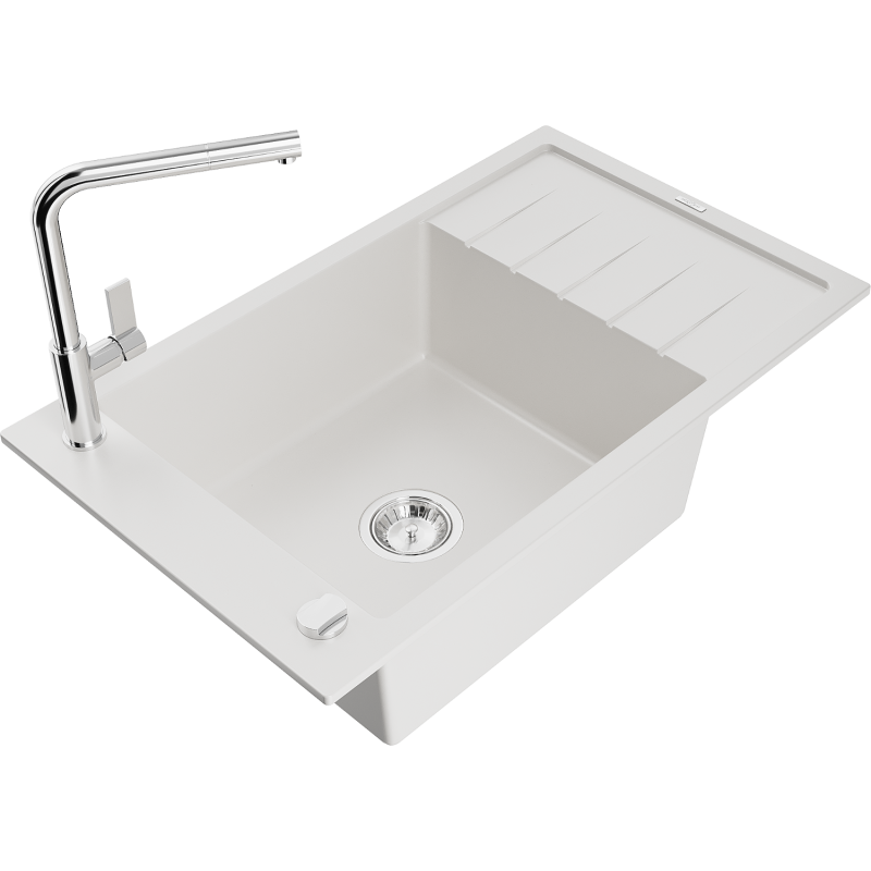 Mexen Elias granite sink 1-bowl with drainer and Flora kitchen tap, white - 6511-20-670401-00