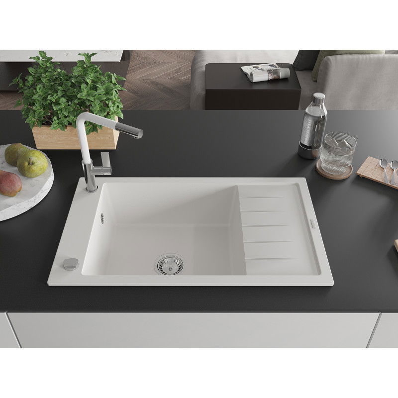 Mexen Elias 1-bowl granite sink with drip and Flora kitchen tap, white - 6511-20-670401-02