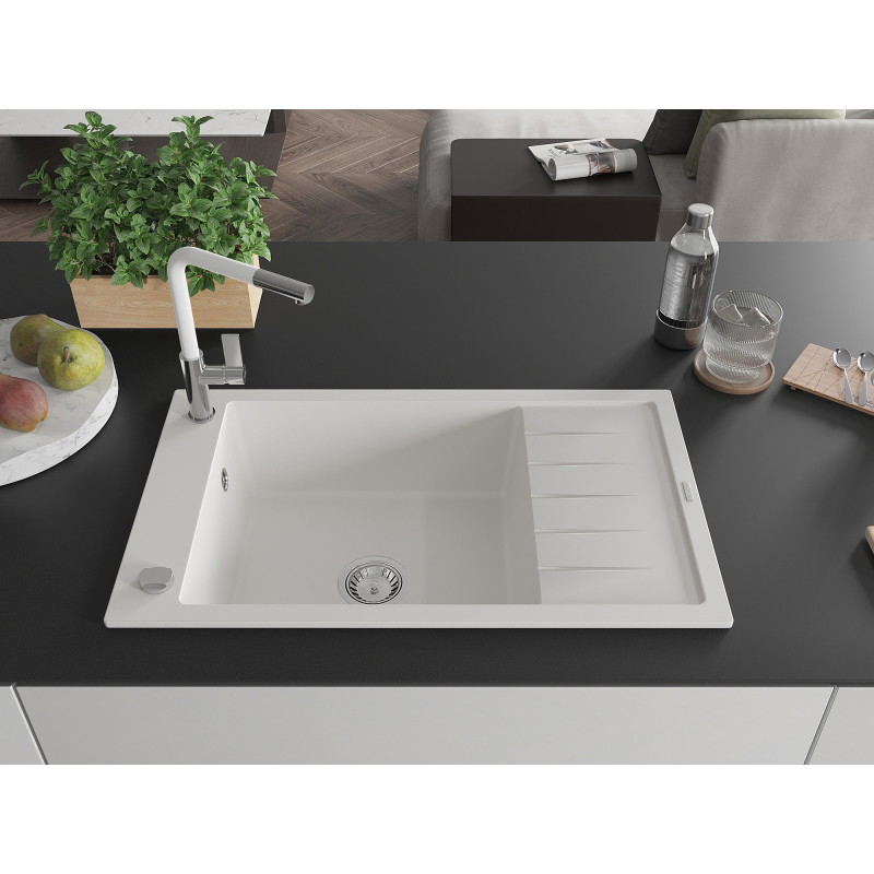 Mexen Elias granite kitchen sink 1-bowl with drainer and Flora kitchen faucet, white - 6511-20-670401-02
