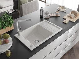 Mexen Elias 1-compartment granite sink with a drip tray and kitchen mixer tap Flora, White - 6511-20-670401-02