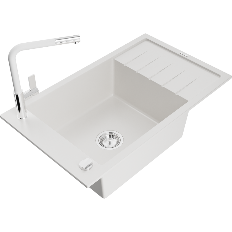 Mexen Elias 1-bowl granite sink with drip and Flora kitchen tap, white - 6511-20-670401-02