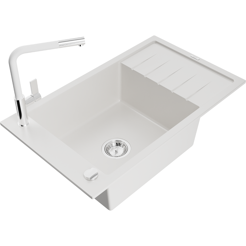 Mexen Elias 1-compartment granite sink with a drip tray and kitchen mixer tap Flora, White - 6511-20-670401-02