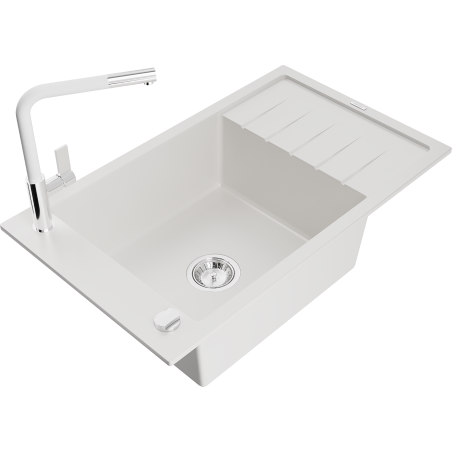 Mexen Elias 1-bowl granite sink with drip and Flora kitchen tap, white - 6511-20-670401-02