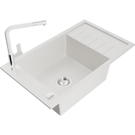 Mexen Elias granite kitchen sink 1-bowl with drainer and Flora kitchen faucet, white - 6511-20-670401-02