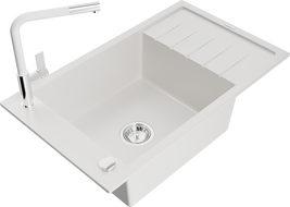 Mexen Elias 1-compartment granite sink with a drip tray and kitchen mixer tap Flora, White - 6511-20-670401-02