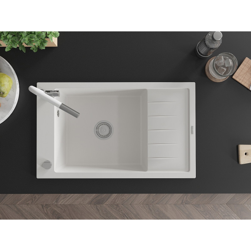 Mexen Elias granite kitchen sink 1-bowl with drainer and Flora kitchen faucet, white - 6511-20-670401-02