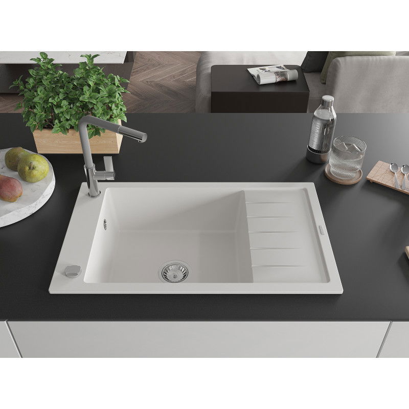 Mexen Elias 1-bowl granite kitchen sink with drainer and Flora kitchen tap, white - 6511-20-670401-06
