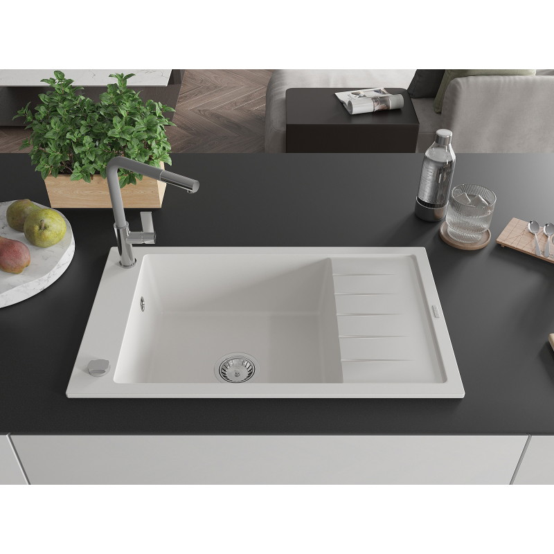 Mexen Elias granite kitchen sink with single bowl, drainer, and Flora kitchen faucet, white - 6511-20-670401-06
