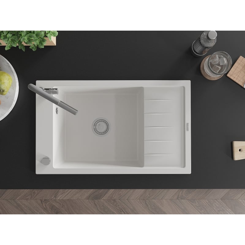 Mexen Elias granite kitchen sink with single bowl, drainer, and Flora kitchen faucet, white - 6511-20-670401-06