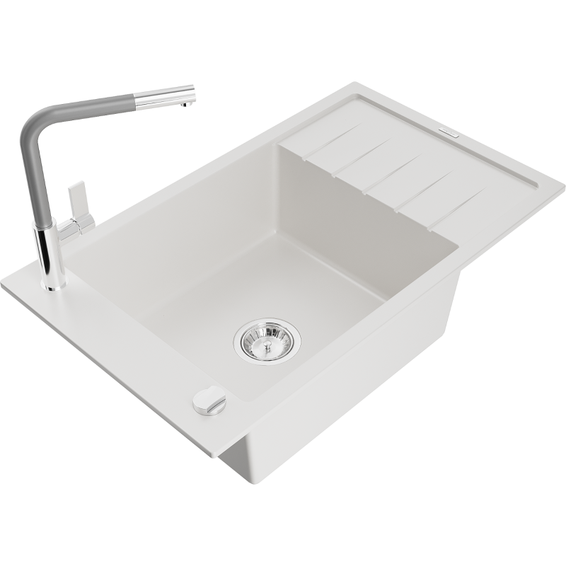 Mexen Elias 1-bowl granite kitchen sink with drainer and Flora kitchen tap, white - 6511-20-670401-06