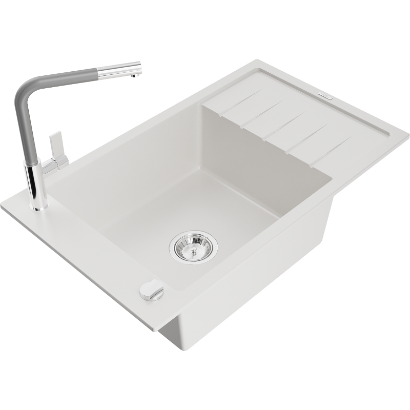 Mexen Elias 1-compartment granite sink with a drip tray and kitchen mixer tap Flora, White - 6511-20-670401-06