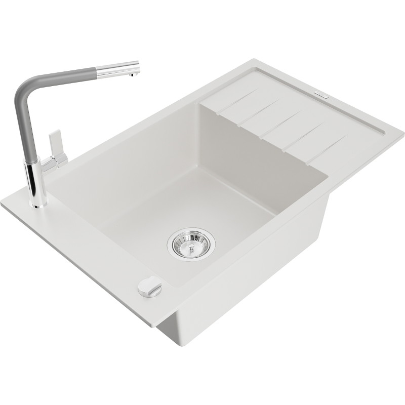 Mexen Elias granite kitchen sink 1-bowl with drainer and Flora kitchen faucet, white - 6511-20-670401-06
