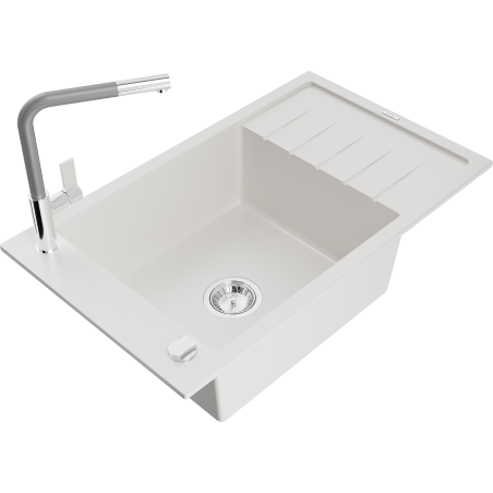 Mexen Elias granite kitchen sink 1-bowl with drainer and Flora kitchen faucet, white - 6511-20-670401-06