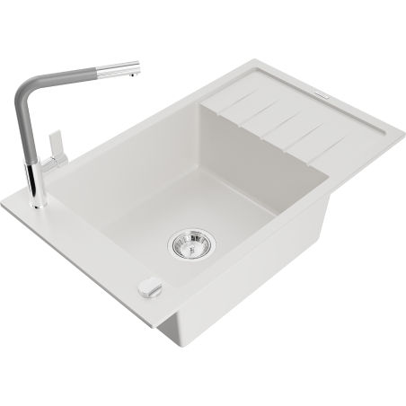 Mexen Elias granite kitchen sink with single bowl, drainer, and Flora kitchen faucet, white - 6511-20-670401-06