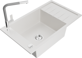 Mexen Elias 1-compartment granite sink with a drip tray and kitchen mixer tap Flora, White - 6511-20-670401-06