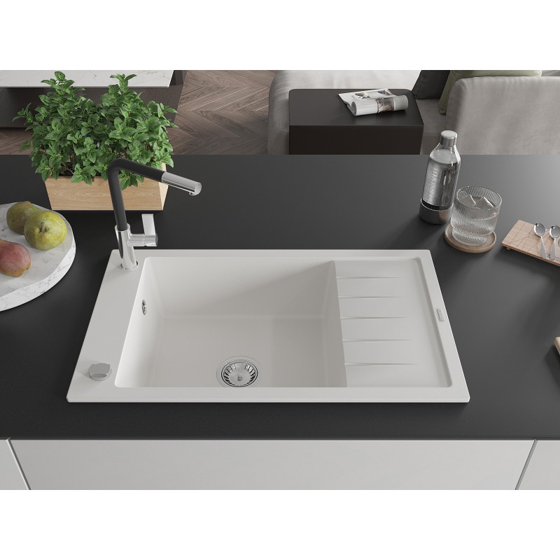 Mexen Elias granite kitchen sink 1-bowl with drainer and Flora kitchen faucet, white - 6511-20-670401-07