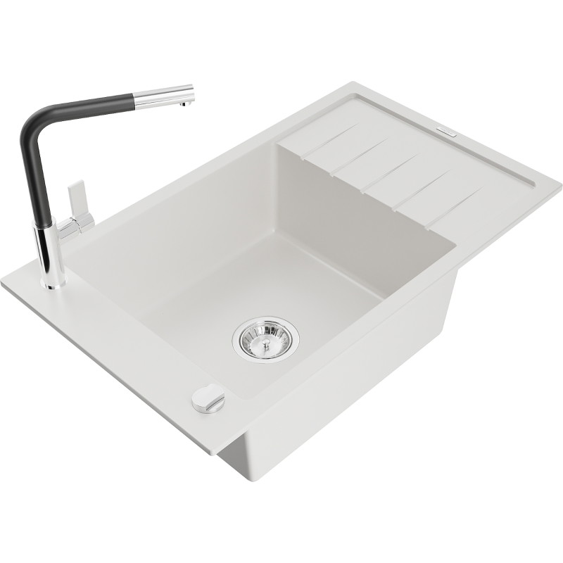 Mexen Elias granite kitchen sink 1-bowl with drainer and Flora kitchen faucet, white - 6511-20-670401-07