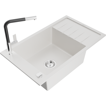 Mexen Elias 1-bowl granite sink with drainer and Flora kitchen faucet, white - 6511-20-670401-07