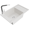 Mexen Elias granite kitchen sink 1-bowl with drainer and Flora kitchen faucet, white - 6511-20-670401-07