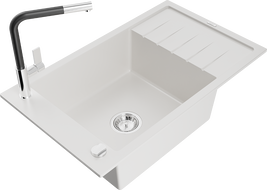Mexen Elias granite kitchen sink 1-bowl with drainer and Flora kitchen faucet, white - 6511-20-670401-07