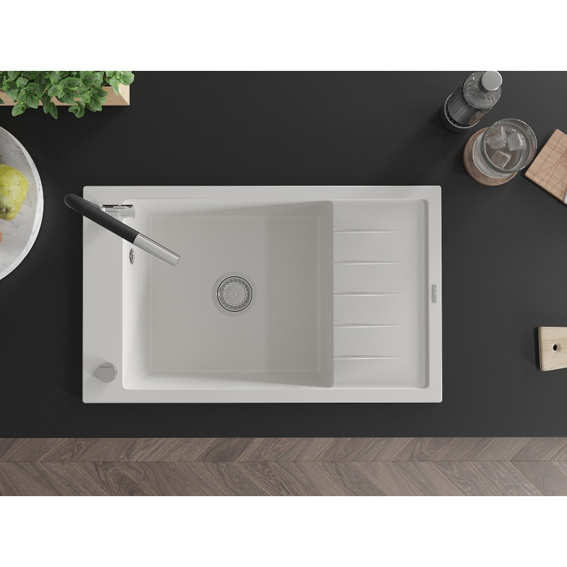 Mexen Elias granite kitchen sink 1-bowl with drainer and Flora kitchen faucet, white - 6511-20-670401-07
