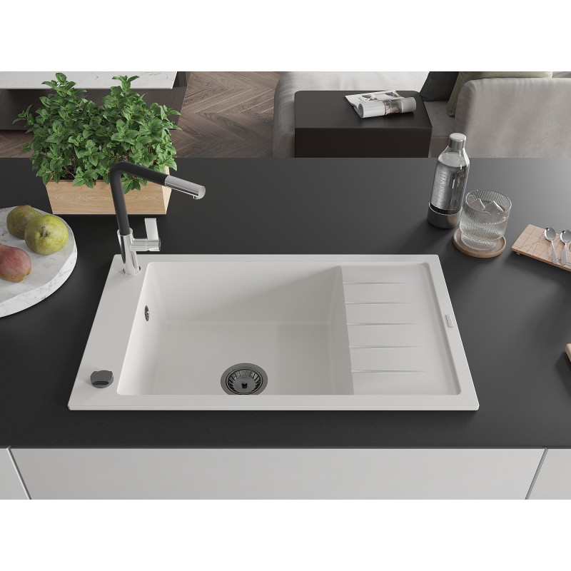 Mexen Elias 1-bowl granite sink with drainer and Flora kitchen faucet, white - 6511-20-670401-07-B