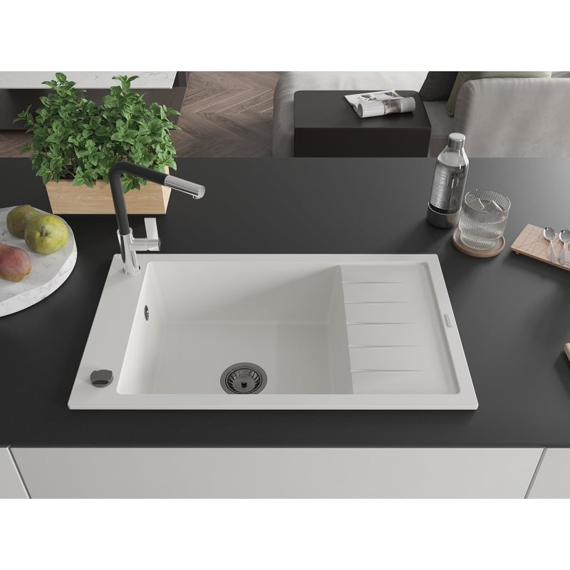 Mexen Elias granite kitchen sink 1-bowl with drainer and Flora faucet, white - 6511-20-670401-07-B