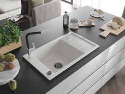 Mexen Elias granite kitchen sink 1-bowl with drainer and Flora faucet, white - 6511-20-670401-07-B