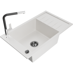 Mexen Elias 1-compartment granite sink with a drip tray and kitchen mixer tap Flora, White - 6511-20-670401-07-B