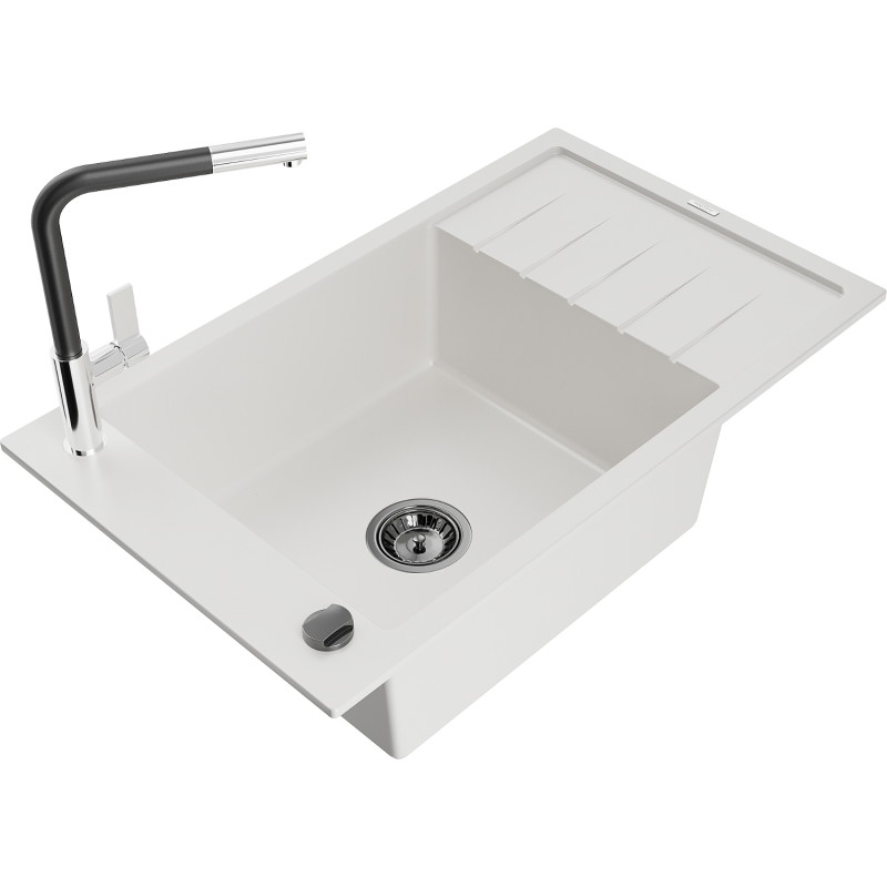 Mexen Elias 1-bowl granite sink with drainer and Flora kitchen faucet, white - 6511-20-670401-07-B
