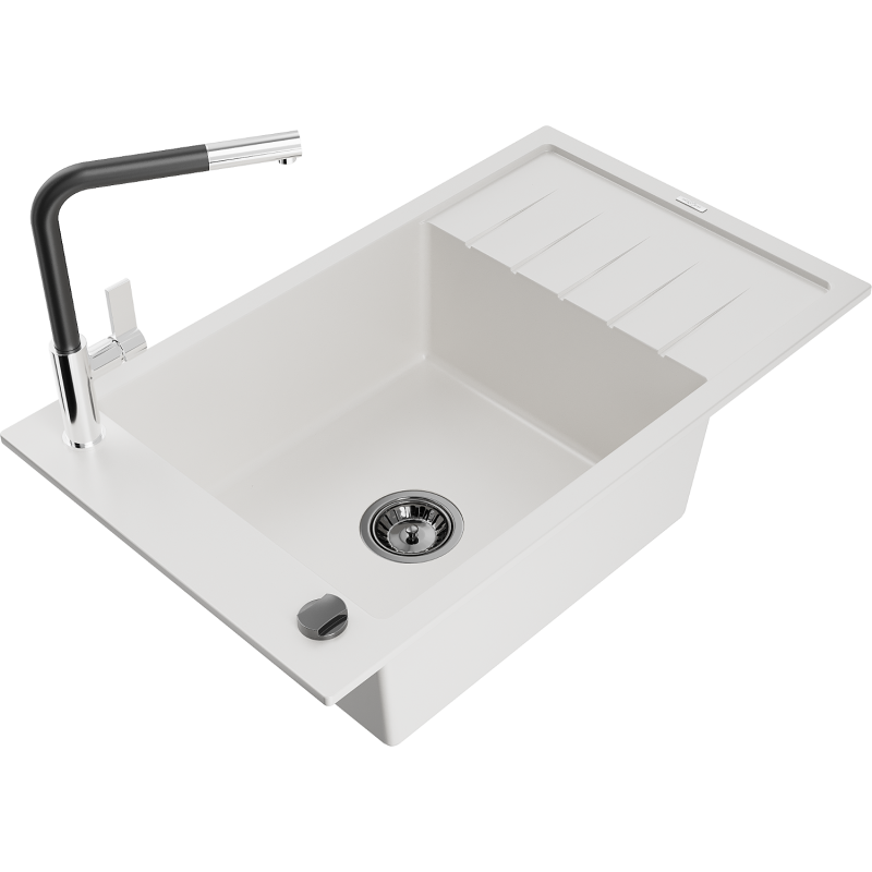 Mexen Elias 1-bowl granite sink with drainer and Flora kitchen tap, white - 6511-20-670401-07-B