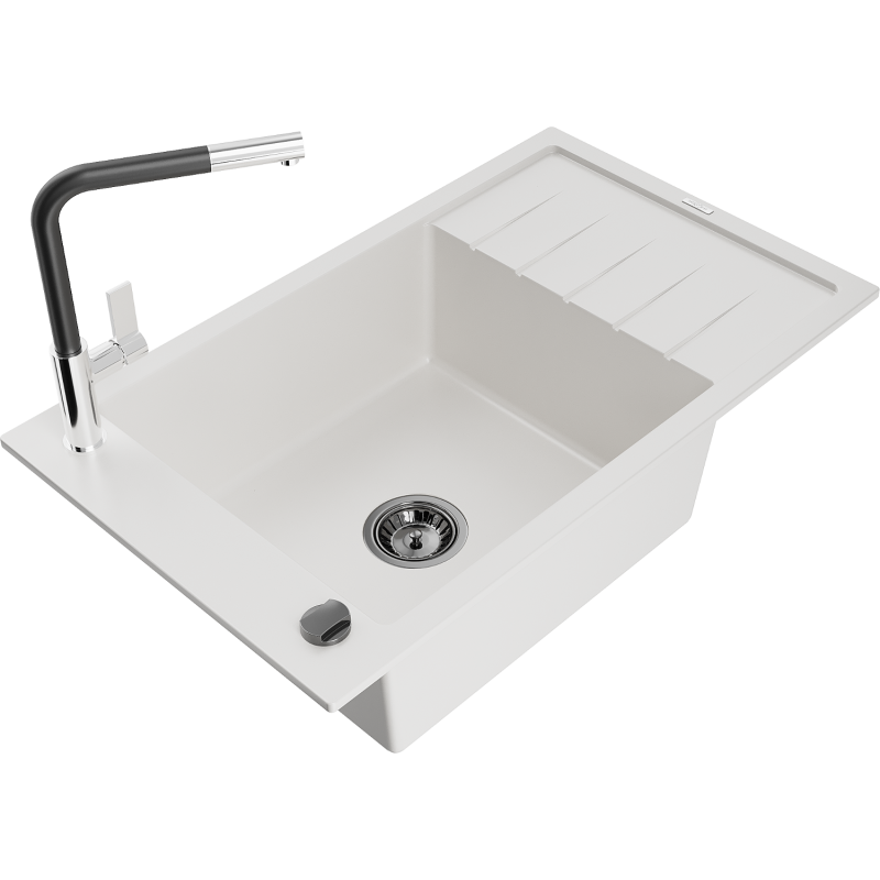 Mexen Elias 1-compartment granite sink with a drip tray and kitchen mixer tap Flora, White - 6511-20-670401-07-B
