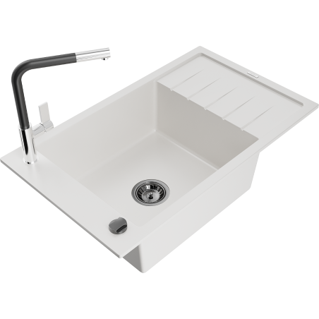 Mexen Elias 1-bowl granite sink with drainer and Flora kitchen tap, white - 6511-20-670401-07-B