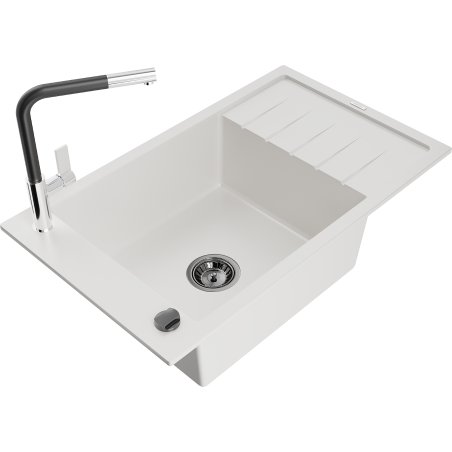 Mexen Elias granite kitchen sink 1-bowl with drainer and Flora faucet, white - 6511-20-670401-07-B